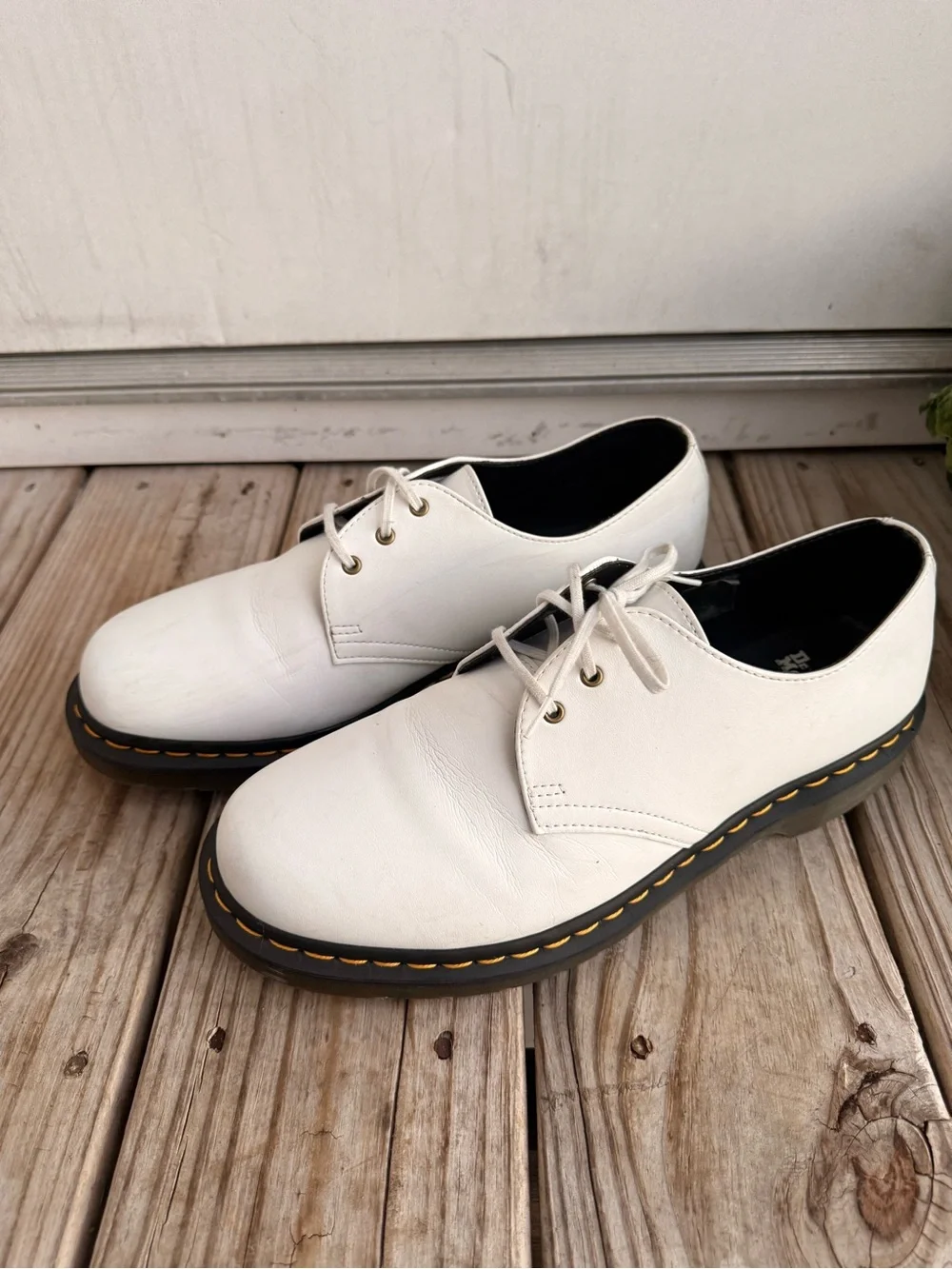 Dr. Martens White Leather 3-Eye Derby with Yellow Welt Stitching